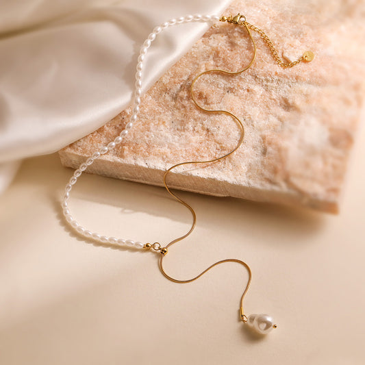 Minimalist Geometric Pearl Inlay Titanium Steel Necklace with Tassel for Women