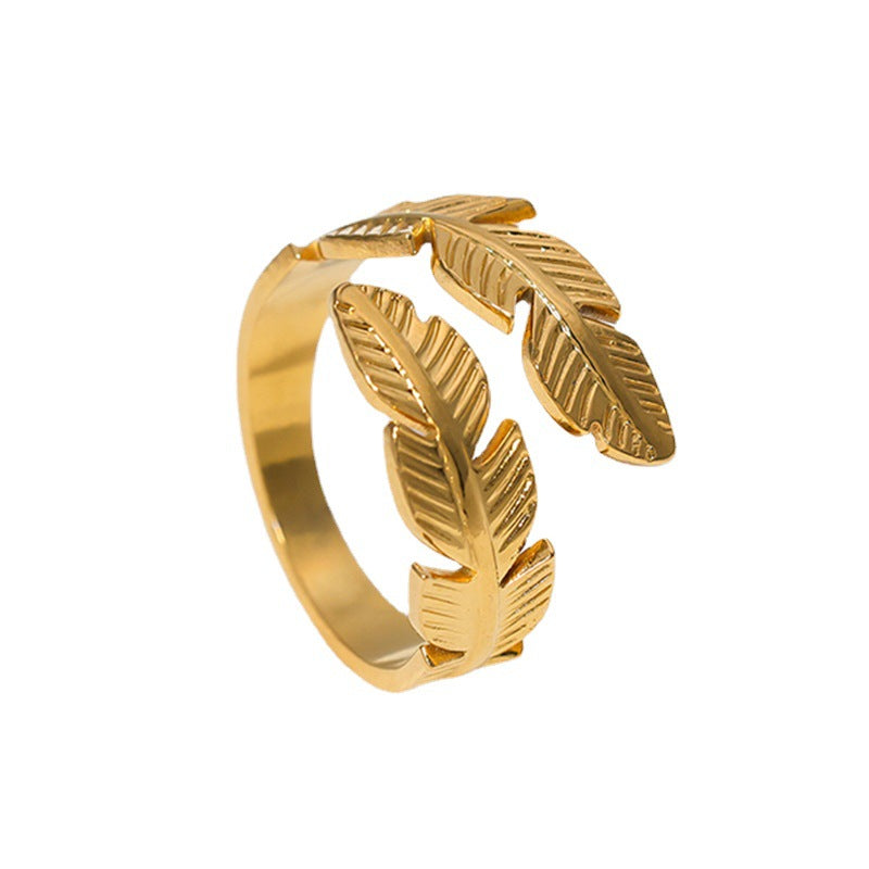 Minimalist Feather-Shaped Stainless Steel Adjustable Open Ring for Women with Gold Plating