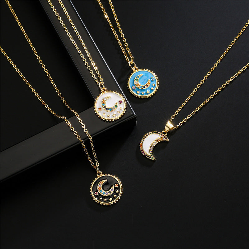 Elegant Drip Oil Moon Star Geometric Brass Inlay Necklace with Cable Chain