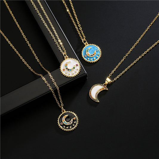 Elegant Drip Oil Moon Star Geometric Brass Inlay Necklace with Cable Chain