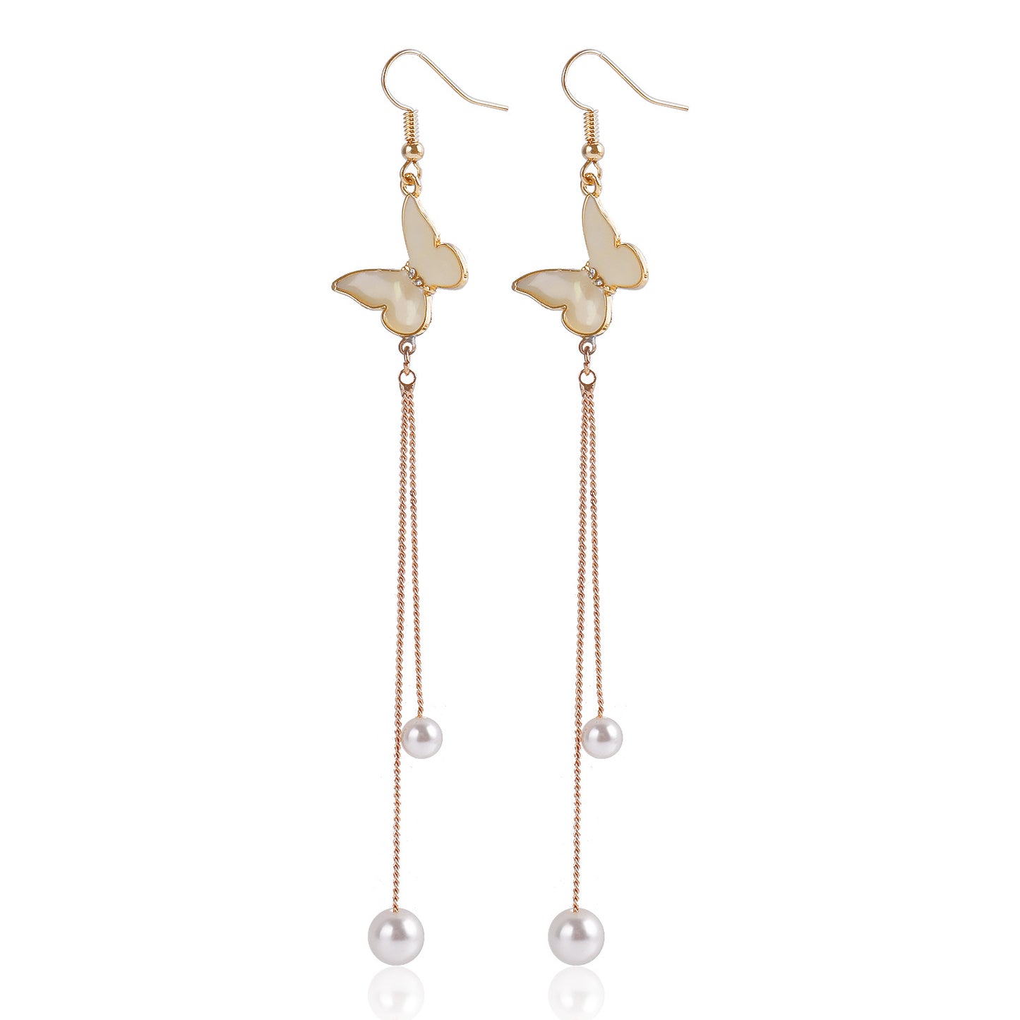 Vintage-Style Long Tassel Earrings with Simulated Pearl and Butterfly Design in Alloy with Plated Finish for Women
