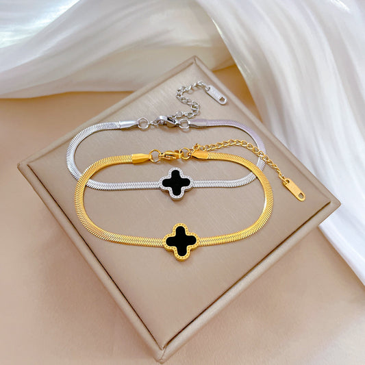 Vintage Lucky Clover Snake Chain Bracelet for Women Titanium Steel with Gold Plating Round Beads Bohemian Style