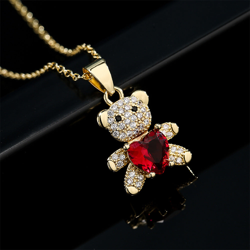 Cute Bear-Shaped Pendant Necklace in Copper with Micro-Paved Zirconia, Heart Design, Minimalist Style
