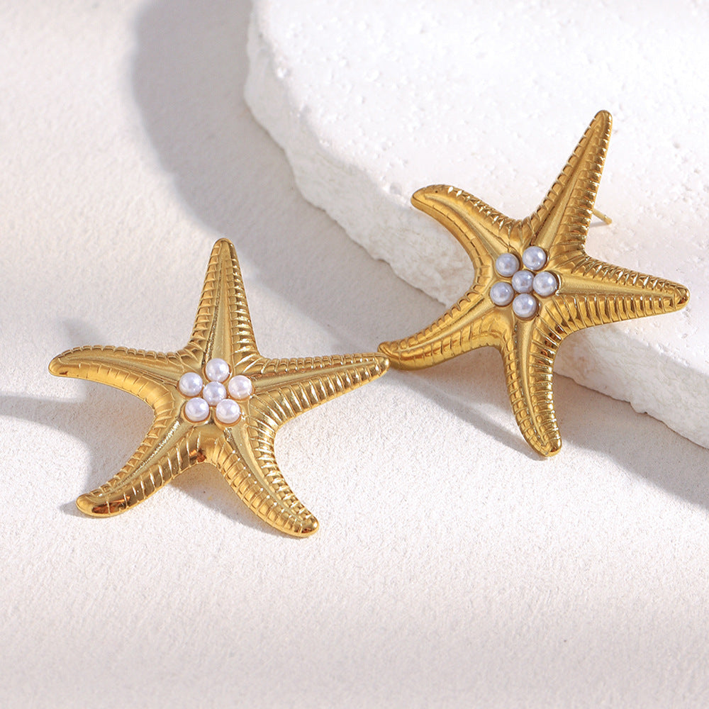 Orecchini retrò di lusso a forma di stella in acciaio inossidabile placcato oro 18 carati con perle simulate