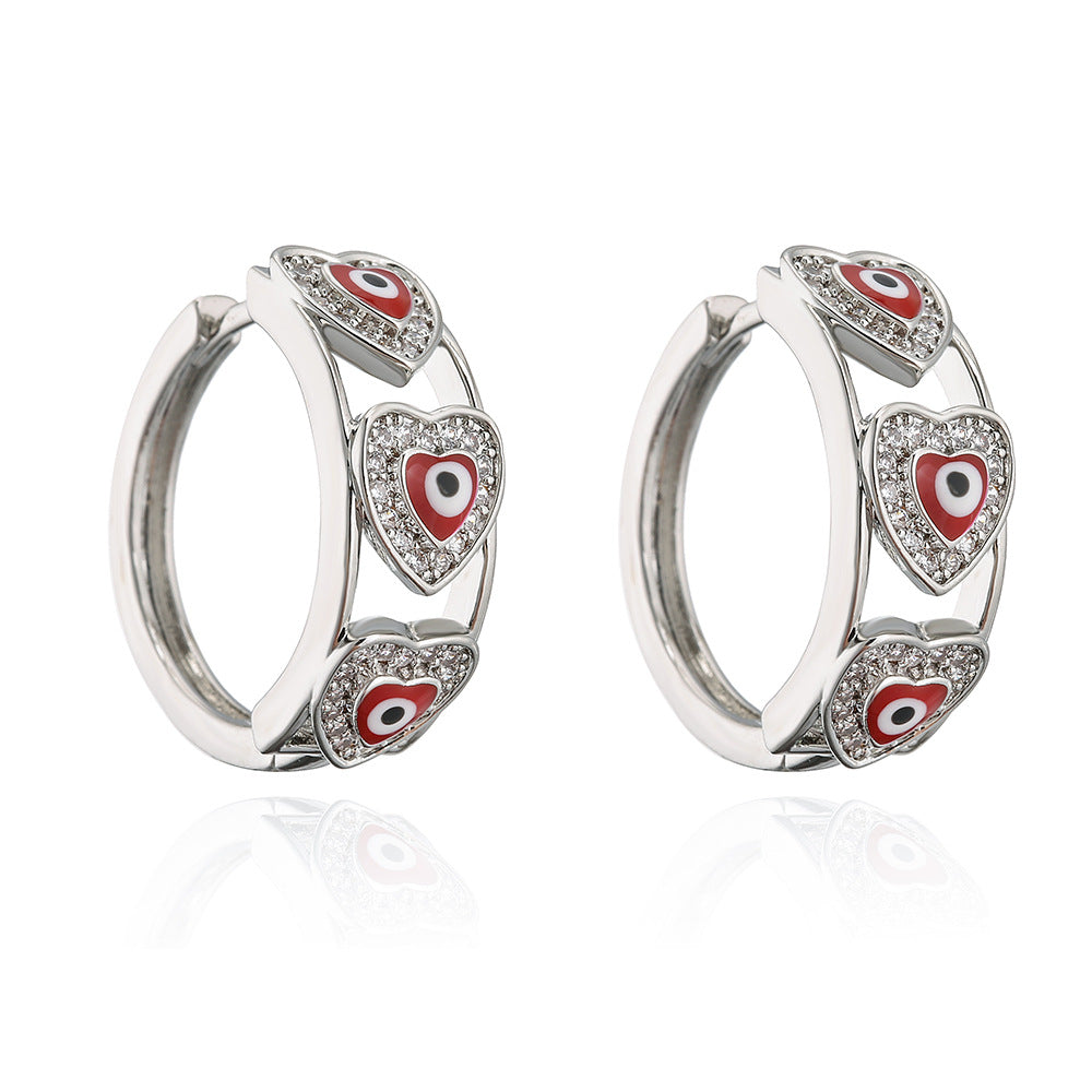 Orecchini da Donna a Cuore in Rame, alla Moda, con Micro-Incisione di Strass e Dettagli in Smalto