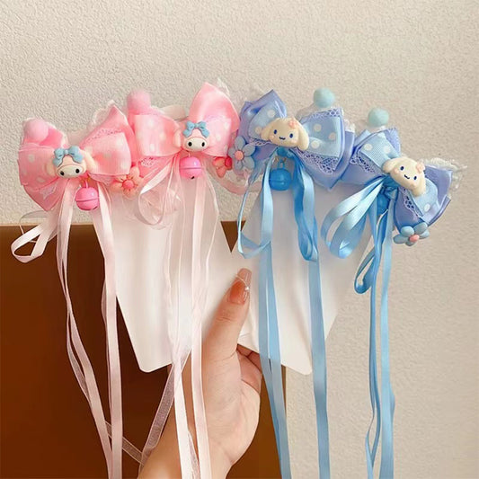 Pinza para el pelo con lazo de dibujos animados para niñas, de tela con detalles de cinta y pompones de la colección Princess