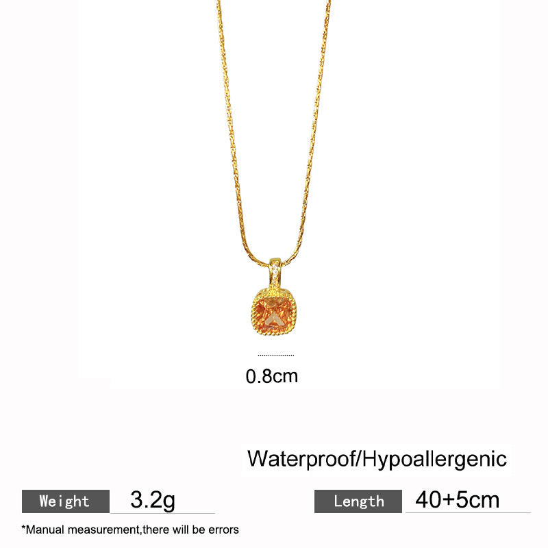 Sweet Sporty Square Geometric Cubic Zirconia Plated Titanium Steel Necklace with Brass Pendant Cable Chain