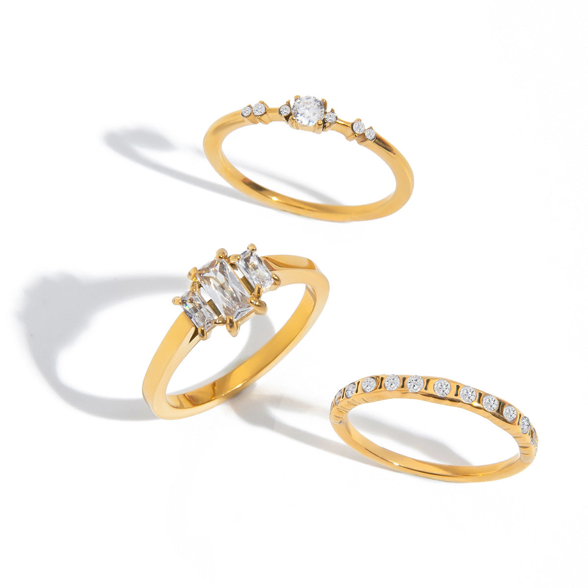 Anillo de acero inoxidable geométrico minimalista con incrustaciones de circonita chapado para mujer, joyería de lujo