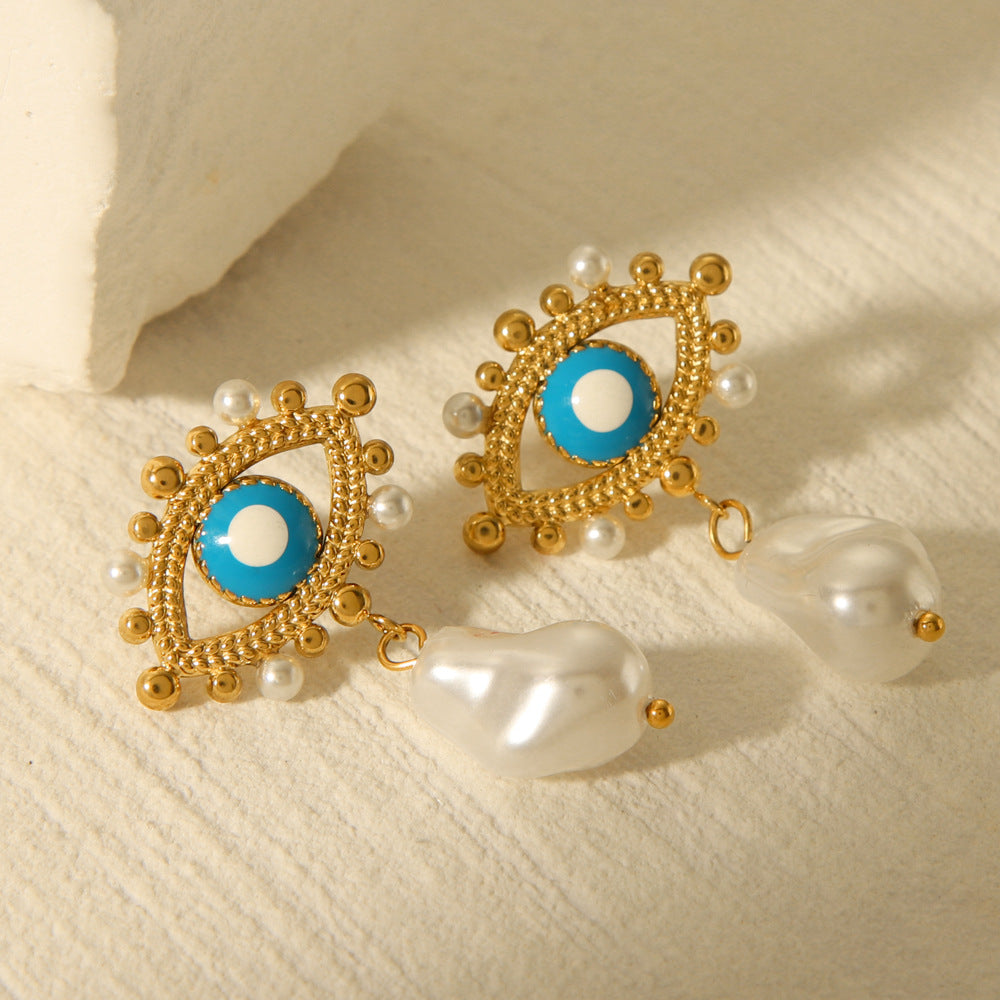 Ins Style Geometric Evil Eye Drop Oil Earrings 18K Gold Plated Stainless Steel with Pearl for Women