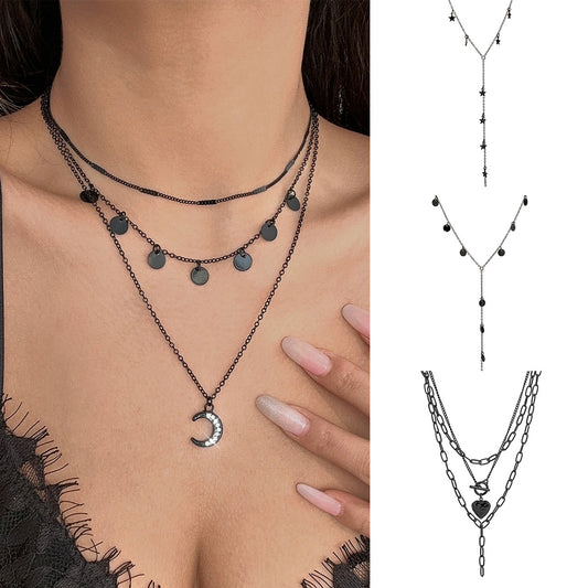 Sweet and Cool Geometric Heart Pendant Necklace with Rhinestone Inlay and Tassel Detail on Cross Chain for Women