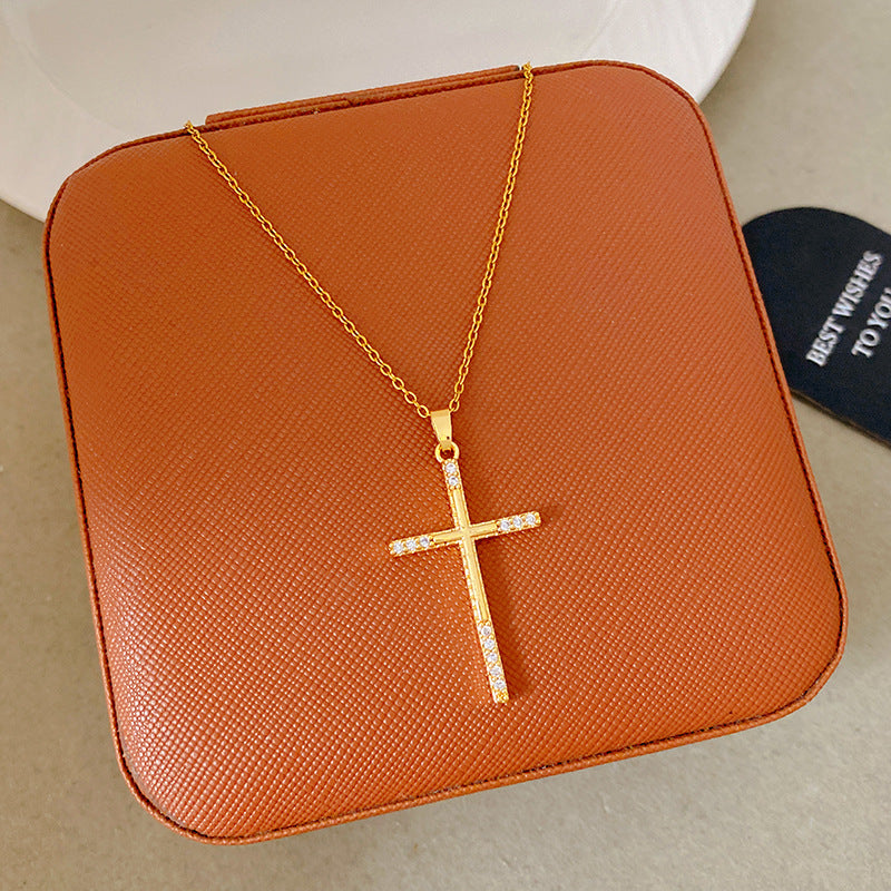 Sporty Sweet 18K Gold Plated Cross Titanium Steel Necklace with Cubic Zirconia for Women