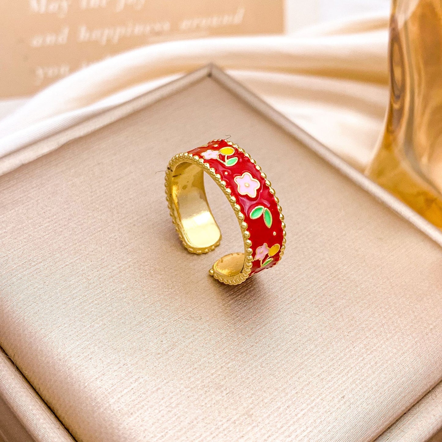 Vintage Elegant Floral Enamel Plated Alloy Ring for Women
