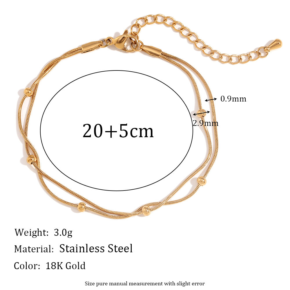 Minimalist Geometric Stainless Steel Plated 18K Gold Double Bead Snake Chain Anklet for Women
