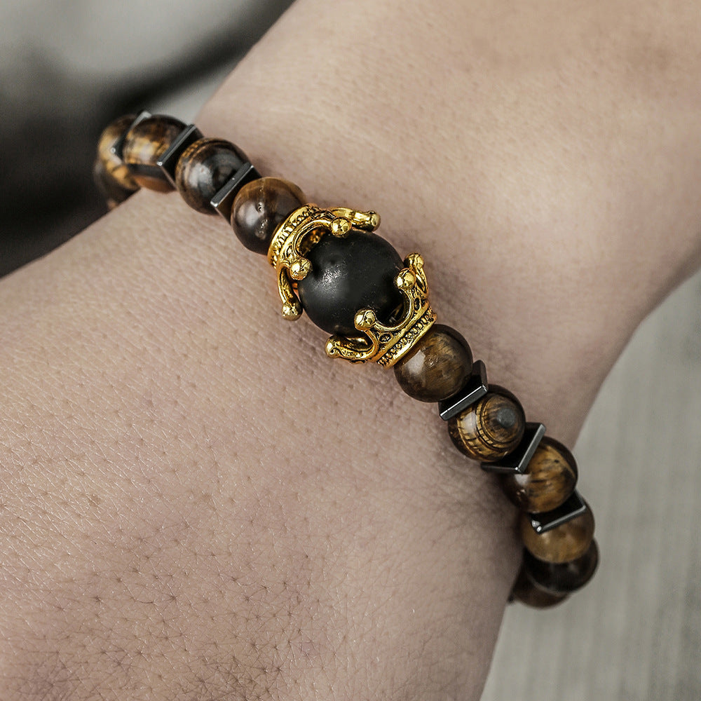 Luxury Punk Geometric Alloy Crown Bracelet with Tiger Eye and Hematite for Men and Women