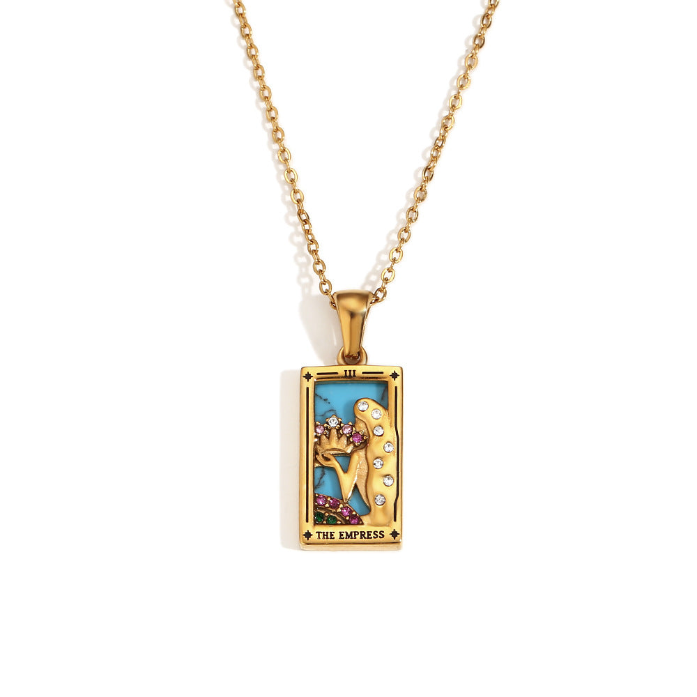 Vintage Tarot Card Pendant Necklace for Women Stainless Steel with 18K Gold Plating Geometric Four-Sided Design Fashion Office Style