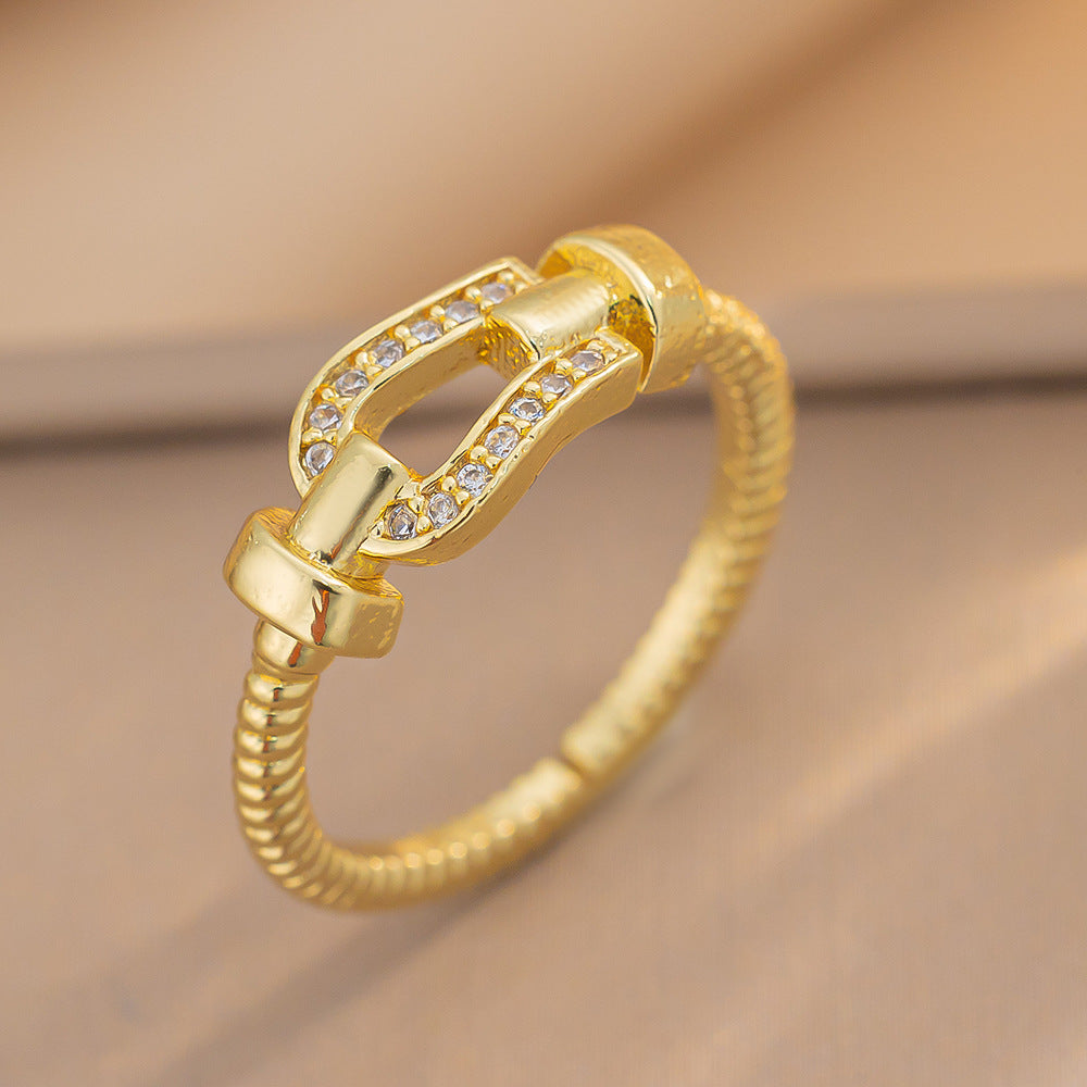 Luxury Minimalist Adjustable Open Ring for Women with Gold-Plated Copper Band and Zircon Stone Accent in Heart and Floral Shape