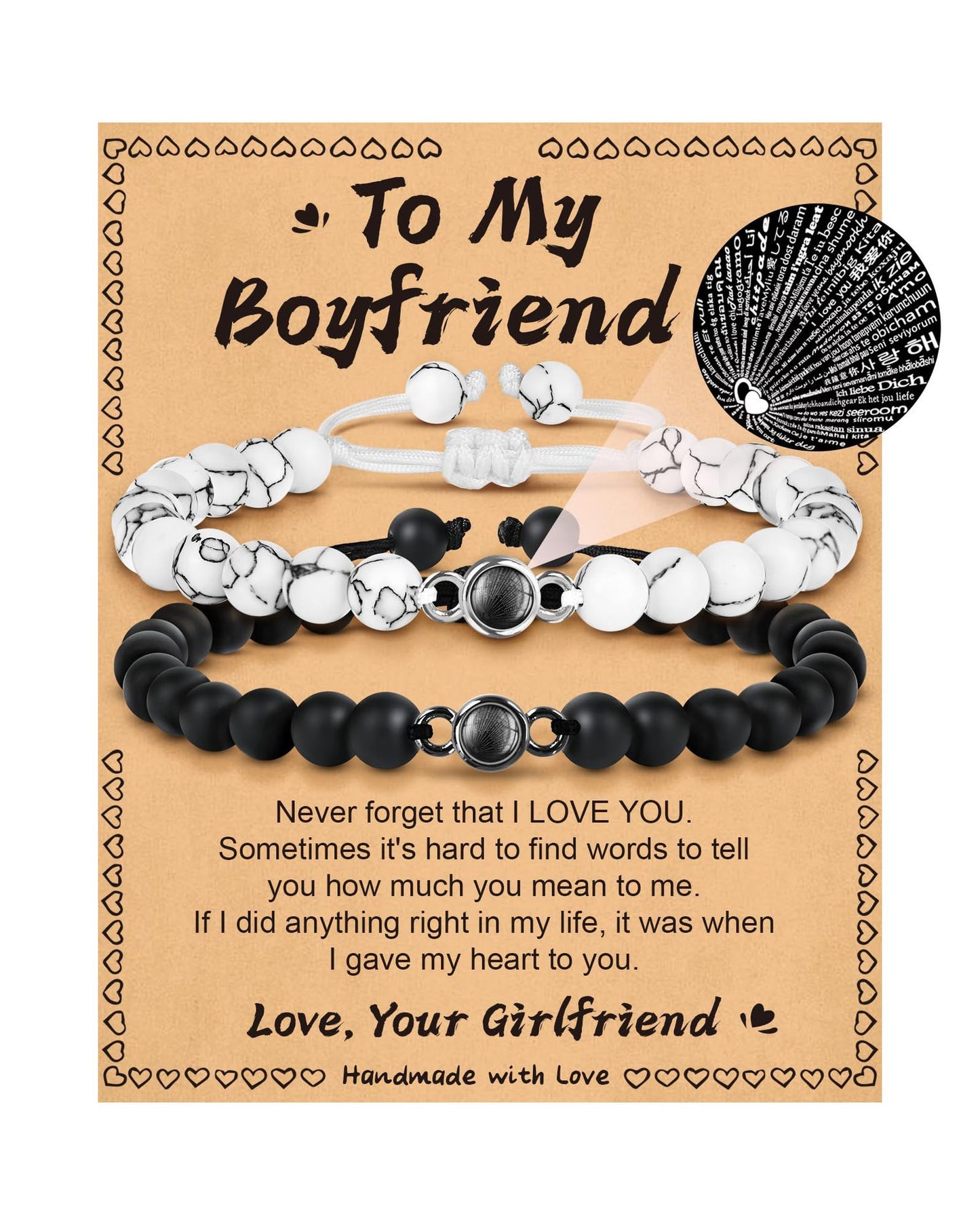 Minimalist Unisex Handmade Braided Projection Stone Bracelet Set with Matte Black Agate and White Turquoise Beads