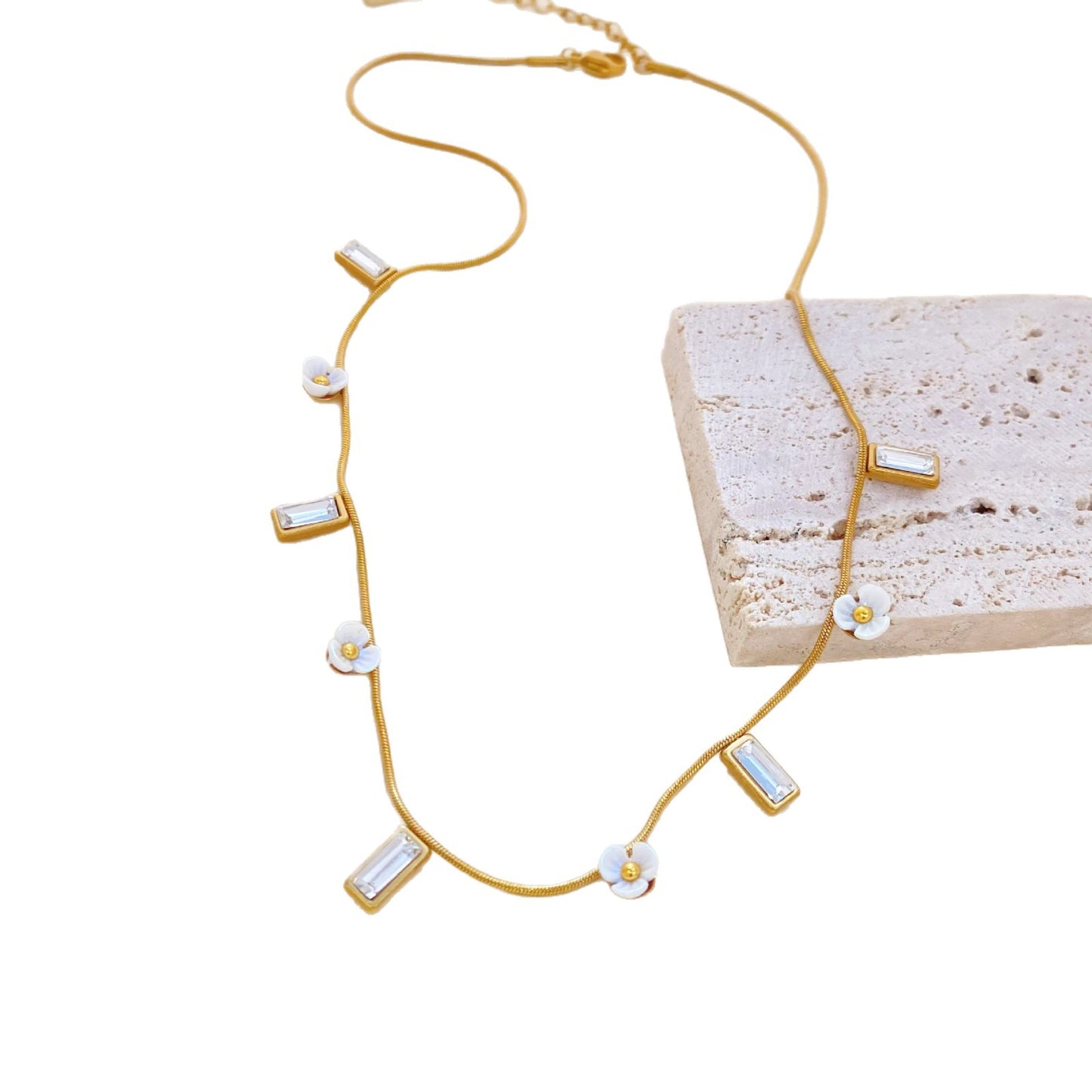 Luxury Micro-Paved Cubic Zirconia Floral Titanium Steel Necklace with Snake Chain