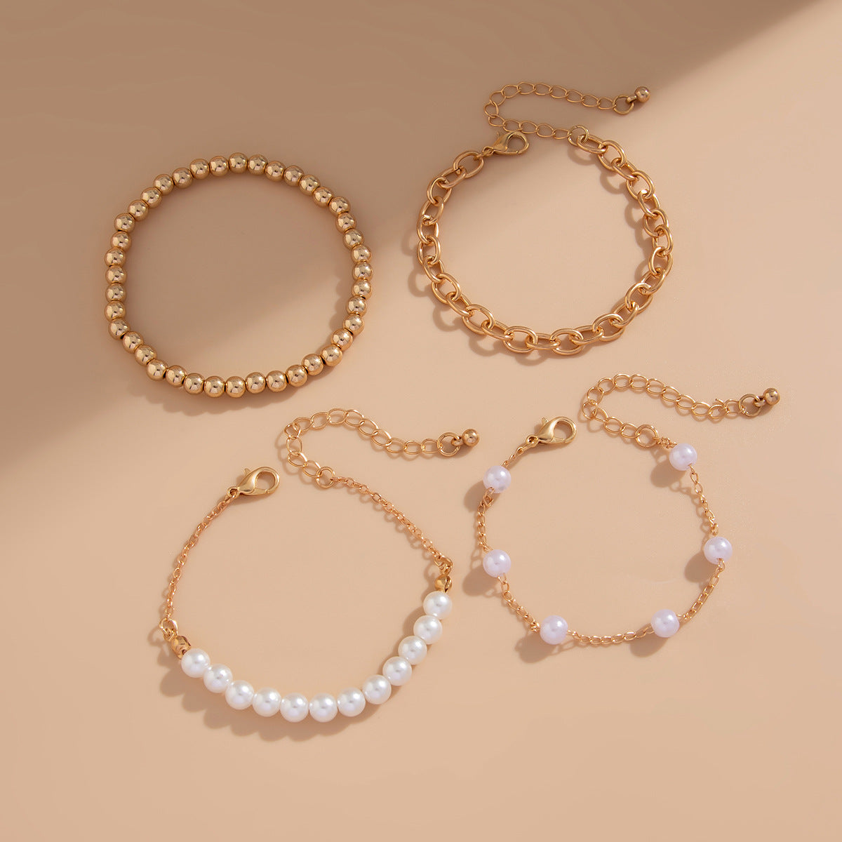 Minimalist Geometric Faux Pearl Plated Resin Beaded Bracelet Set for Women