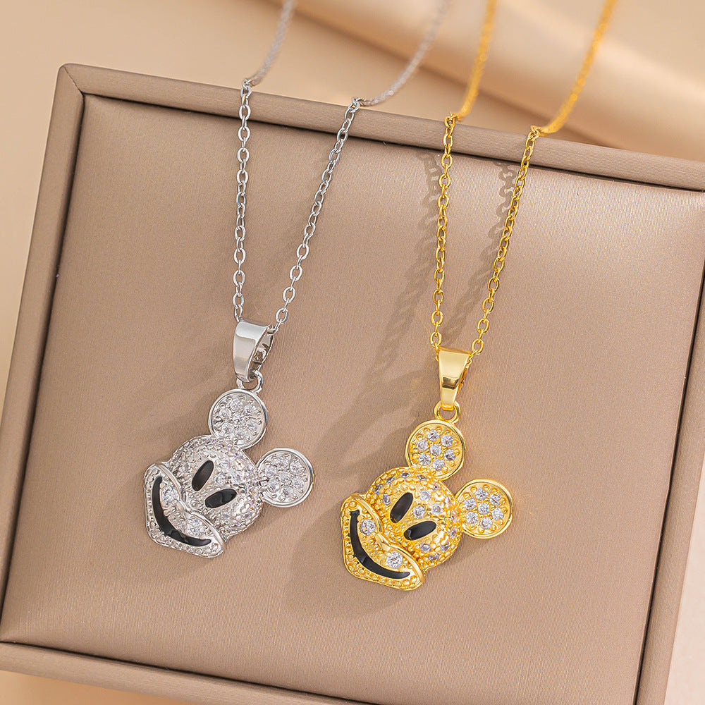 Minimalist Cartoon Mouse Pendant Necklace for Women in Titanium Steel with Rhinestone Inlay and O-Chain
