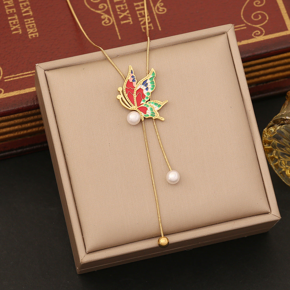 Vintage Enamel Butterfly Necklace Set in Stainless Steel with Snake Chain for Women