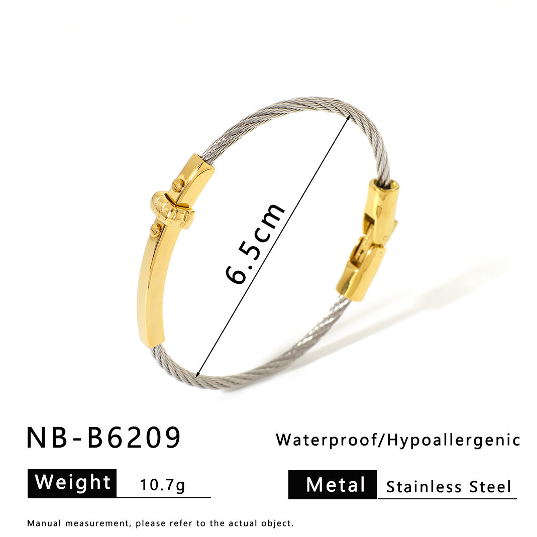 Bracciale da donna in acciaio inossidabile a polsino aperto, con accento di perle geometriche minimaliste e placcatura sottovuoto in titanio 18K