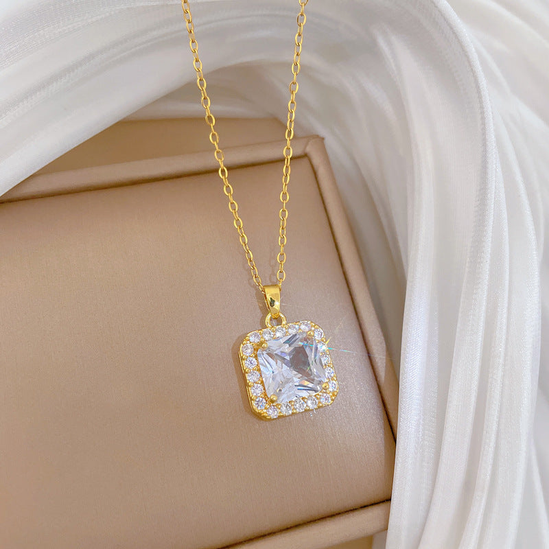 Sweet Minimalist Square Geometric Micro-Inlaid Cubic Zirconia Titanium Steel Necklace for Unisex