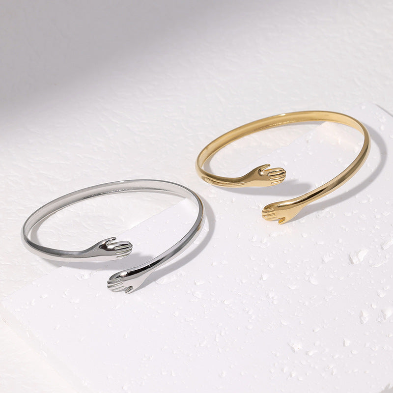 Minimalist Titanium Steel Open Bangle Bracelet with Palm Shape Design Electroplated Stainless Steel Jewelry for Women