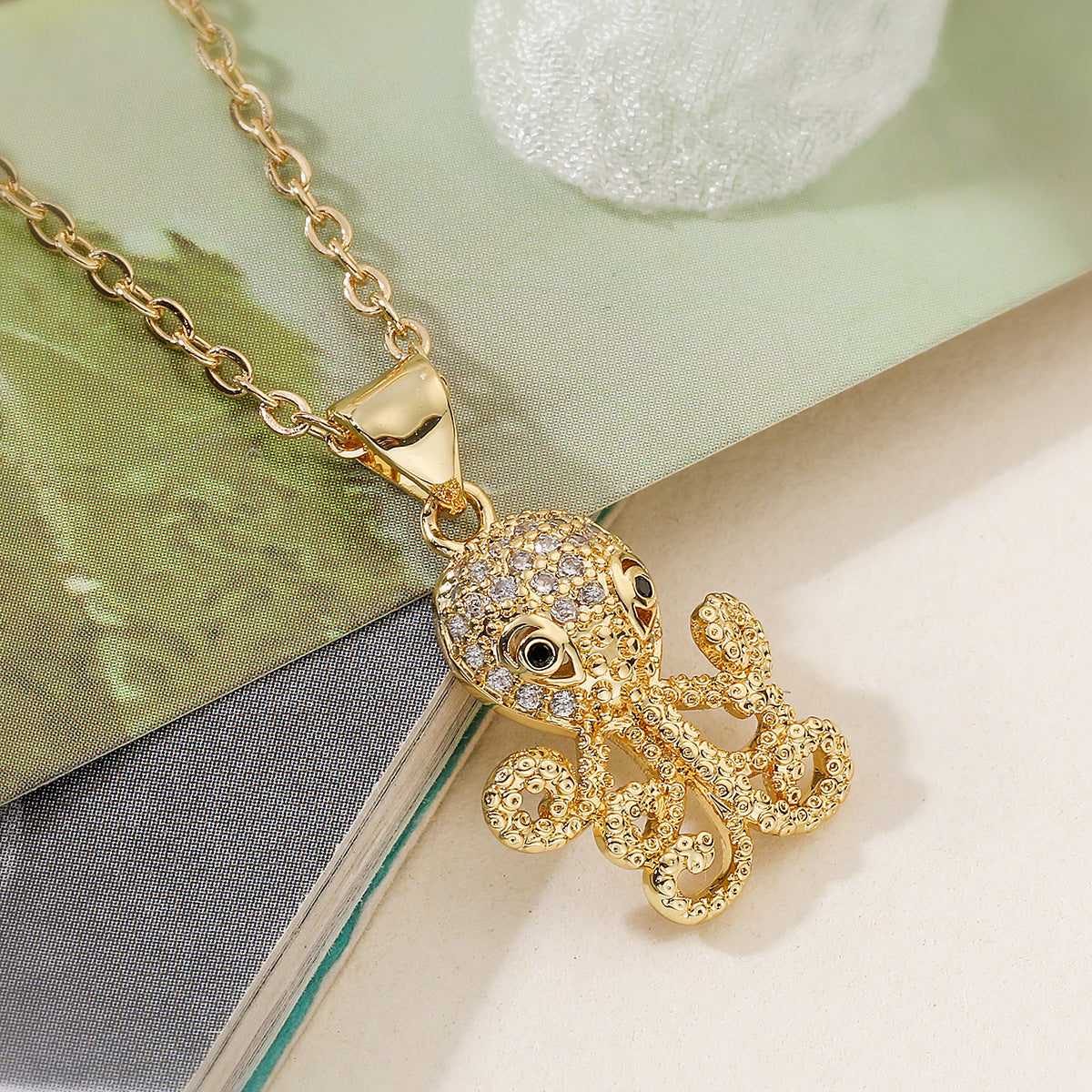 Minimalist 18K Gold Plated Geometric Cubic Zirconia Octopus Pendant Necklace for Women
