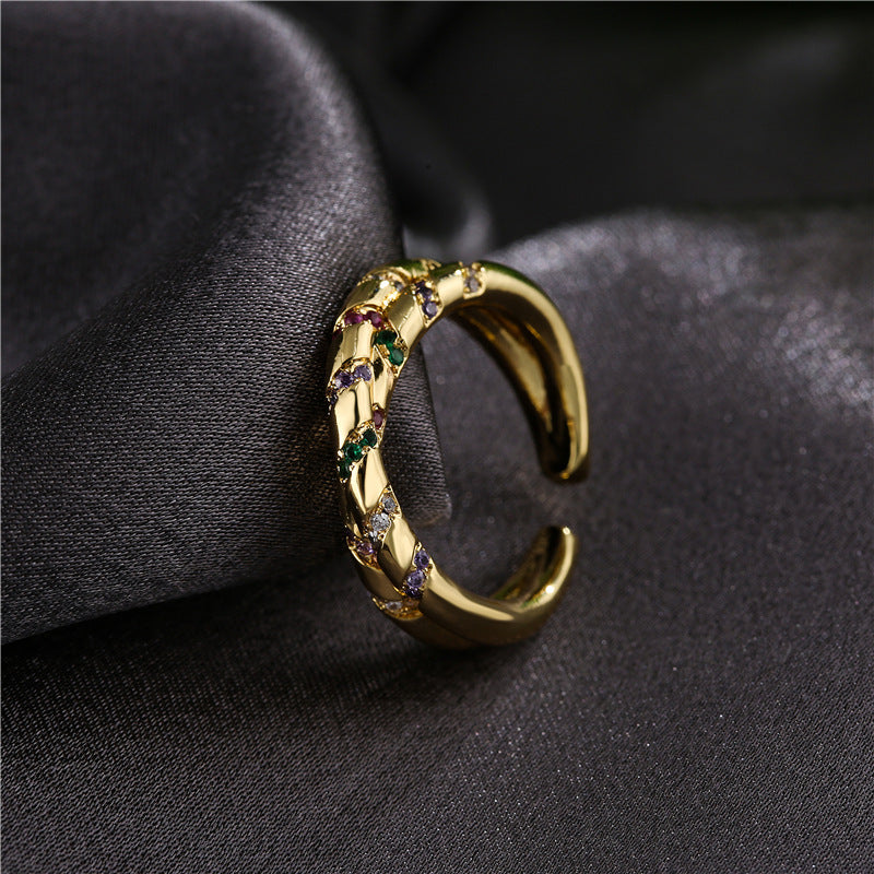 Geometric Brass Ring with Micro-Inlaid Cubic Zirconia and Gold Plated Finish for Women
