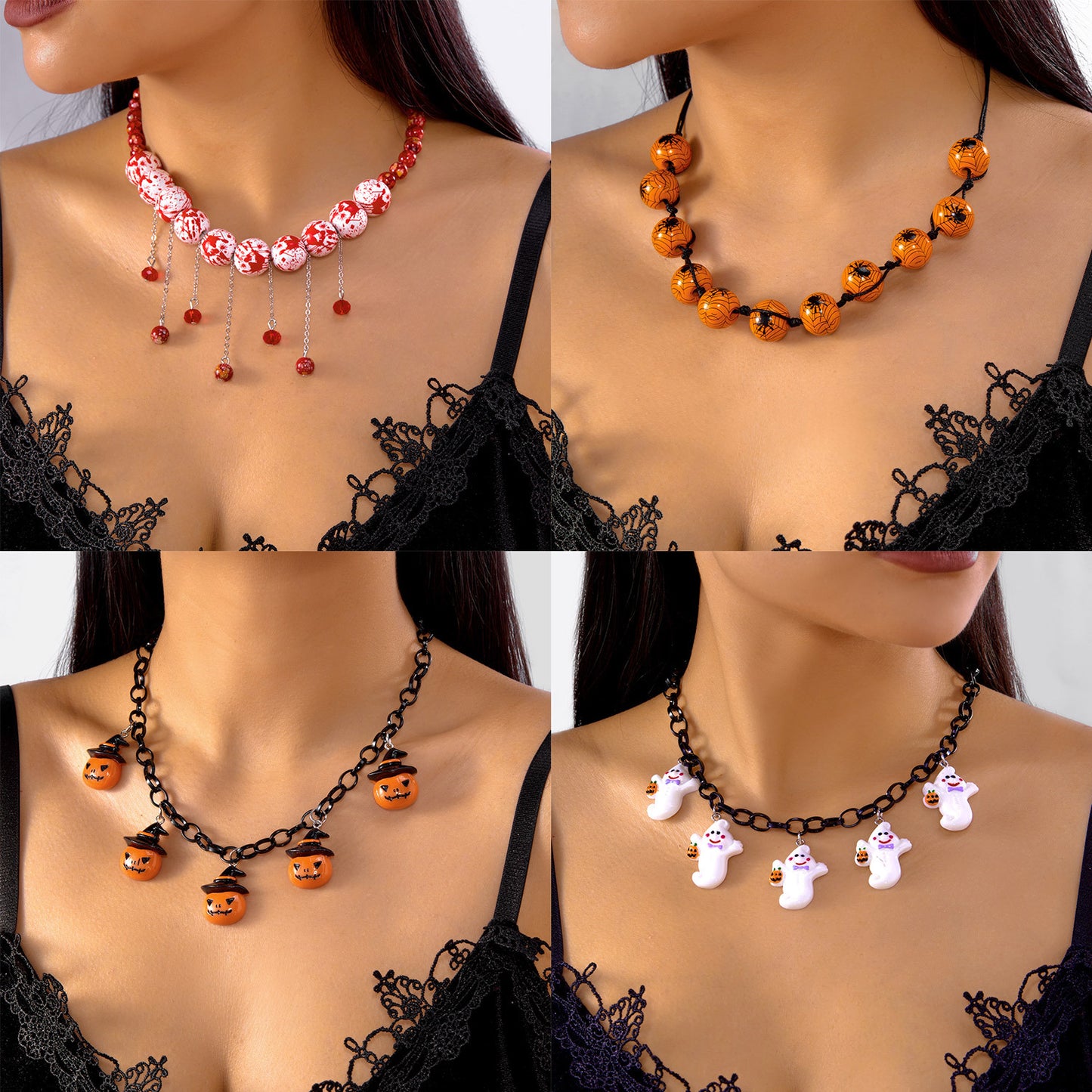 Collana da donna con ciondolo a forma di fantasma di zucca di Halloween vintage in resina con forma geometrica e accenti rotondi