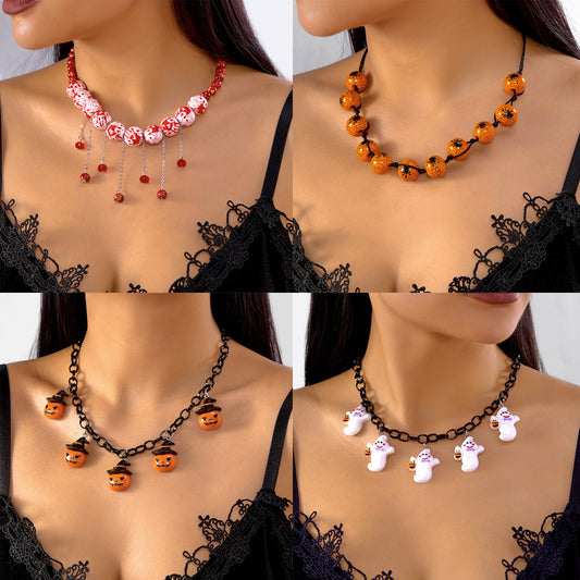 Collar de resina para mujer con colgante vintage de calabaza fantasma de Halloween, forma geométrica y detalles redondos