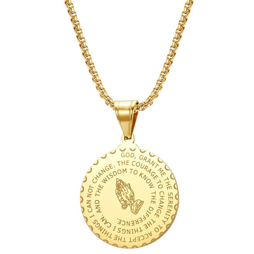 18K Gold Plated Geometric Round Stainless Steel Pendant Necklace with Curb Chain for Unisex