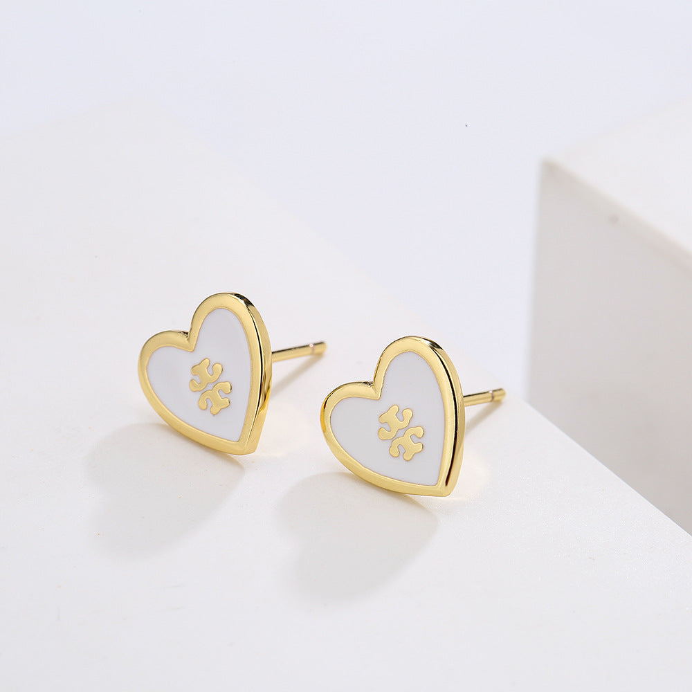 Vintage Ins Style 18K Gold Plated Enamel Heart Geometric Copper Stud Earrings for Women