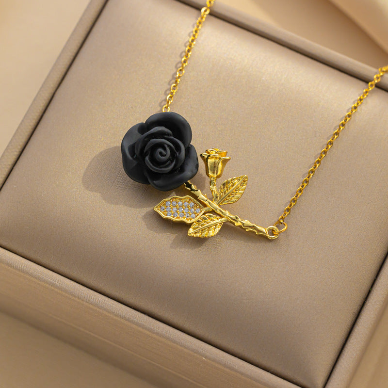 Romantic French-Style Red Rose Flower Pendant Necklace for Women in Titanium Steel with Rhinestone Inlay on O-Chain