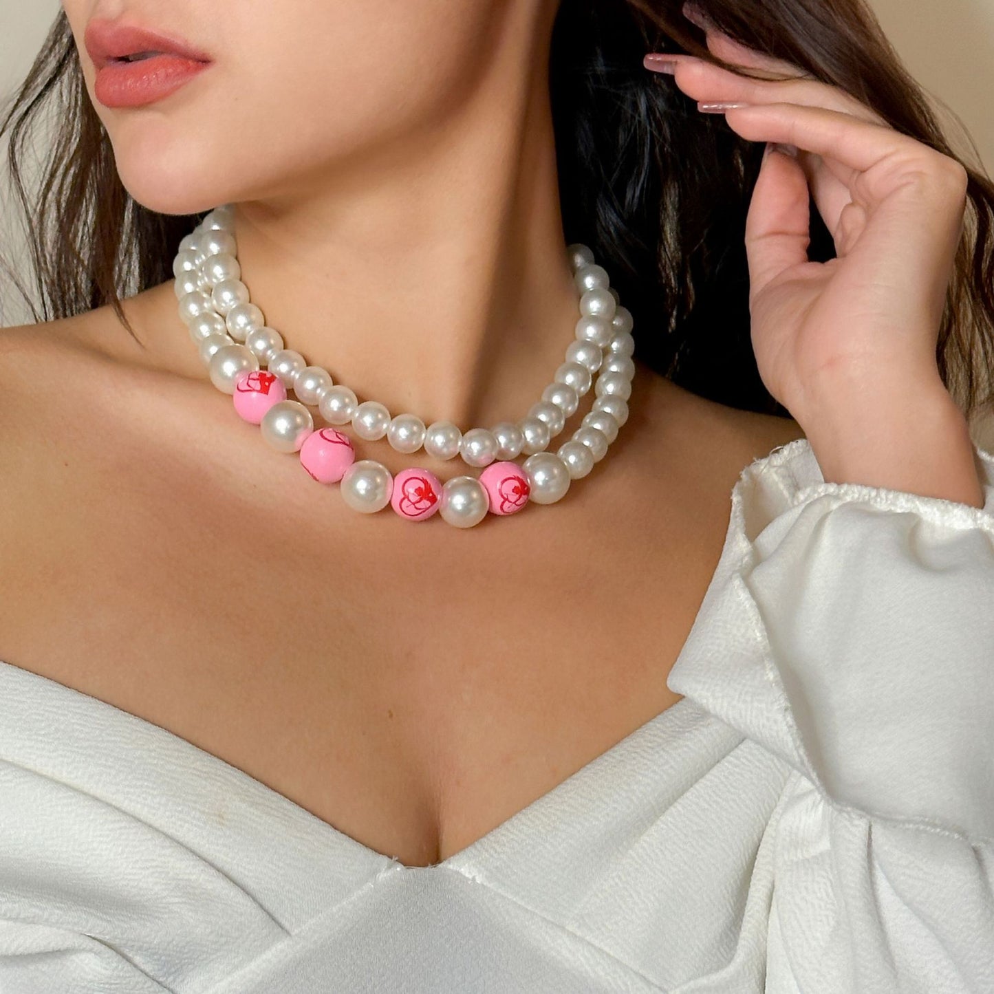 Minimalist Love Letter Pendant Necklace with Imitation Pearl Beads on Pearl Chain for Women