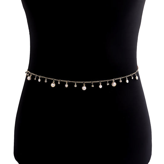 Punk Style Fringe Pearl-Look Zircon Pendant Waist Chain for Women in Metal