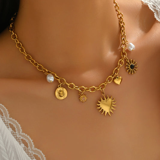 Collana con Pendente a Cuore Elegante in Lega di Zinco con Intarsi Placcati Oro e Gemme Artificiali da Donna