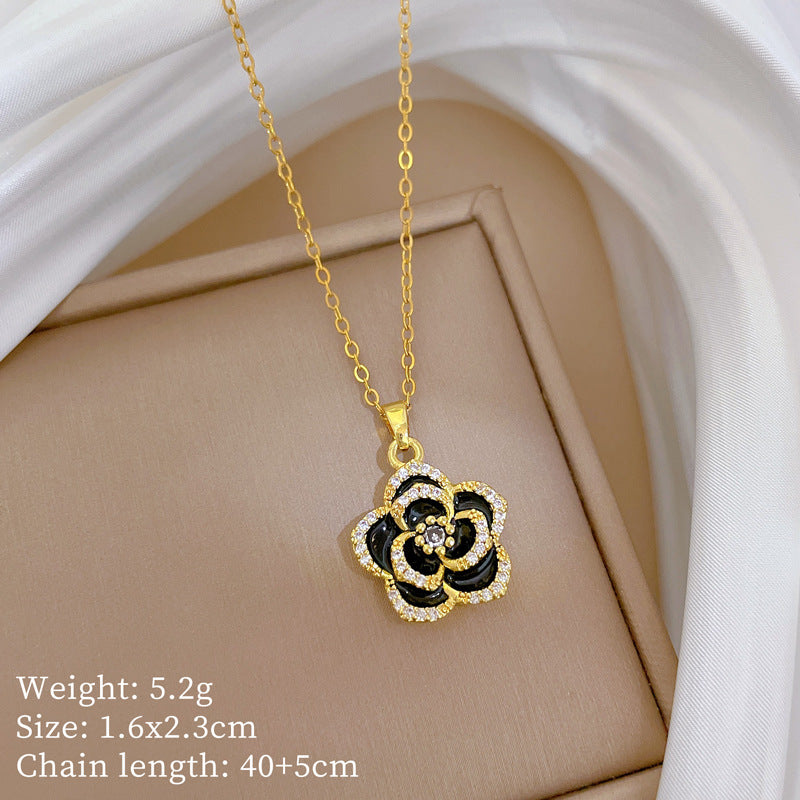Charming Camellia-Shaped Enamel Pendant Necklace for Women with Titanium Steel Snake Chain, Lightweight and Elegant Locket Style
