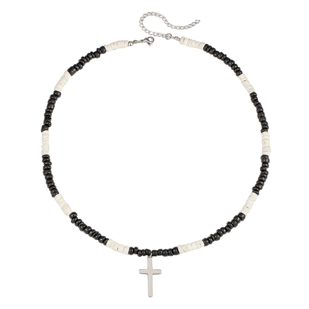 Bohemian Style Wooden Bead and Stainless Steel Cross Pendant Necklace for Men and Women with Geometric Shape and Handmade Craftsmanship
