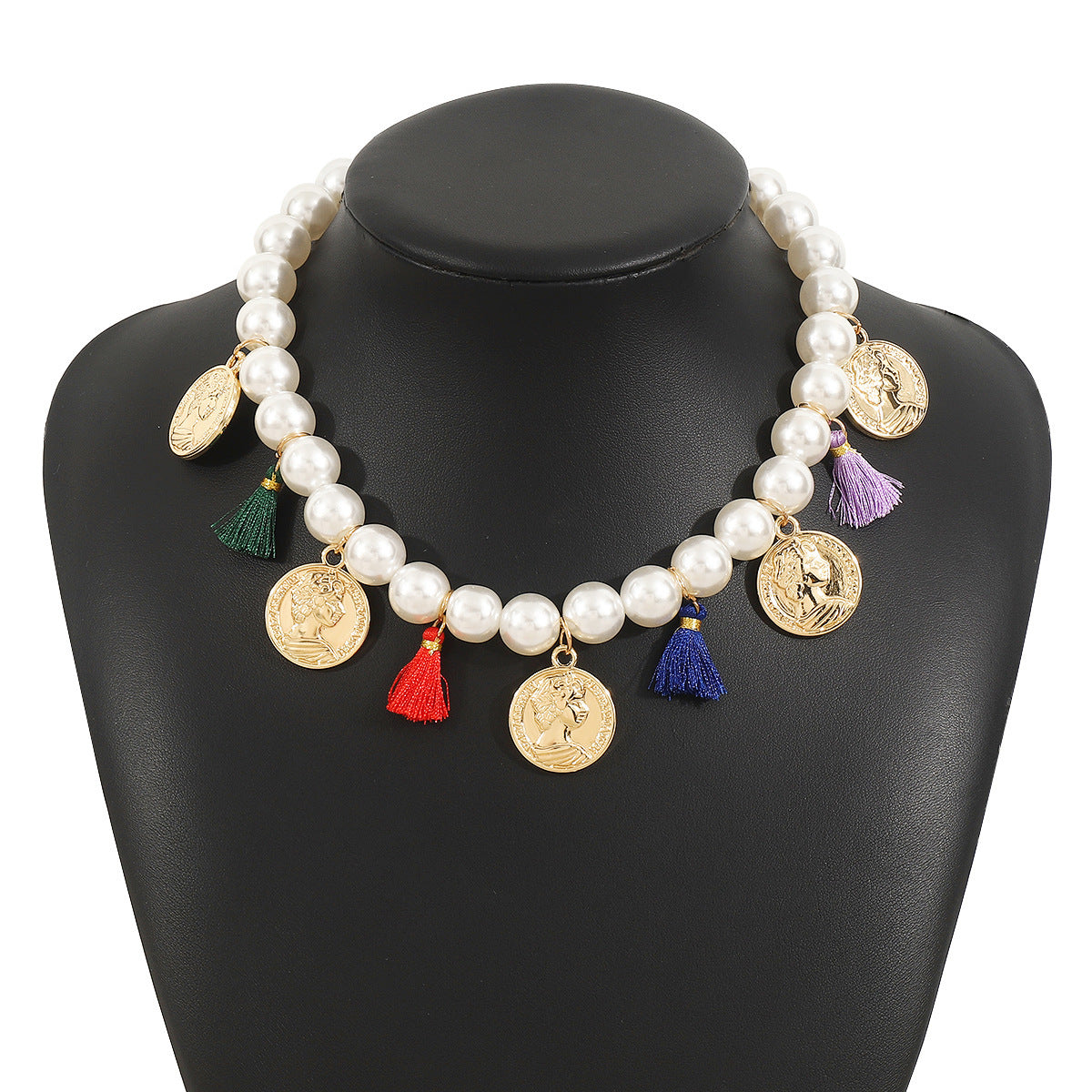 Elegante Collar de Aleación con Colgante de Retrato de Reina con Perla de Imitación Geométrica y Borla de Cadena de Serpiente para Mujer