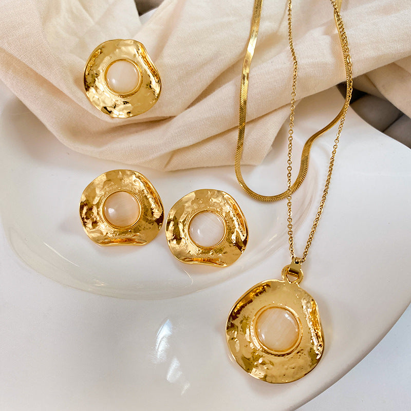 Streetwear Micro-Paved Cubic Zirconia Geometric Oval Titanium Steel Necklace Set