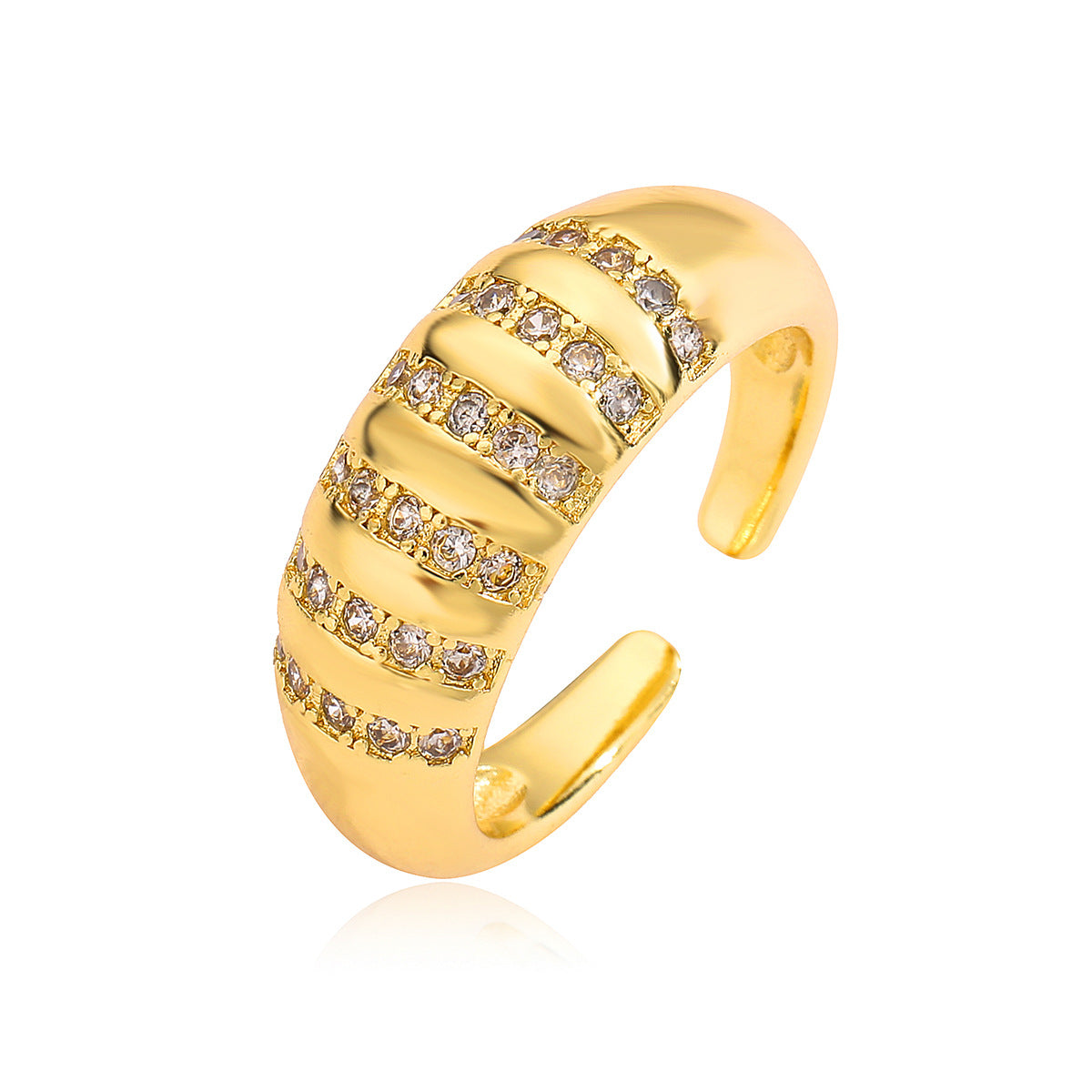 Anello Aperto Geometrico Minimalista da Donna in Ottone Placcato Oro con Intarsio di Zirconi