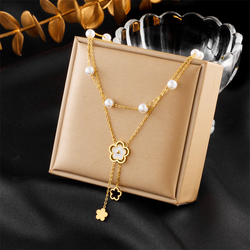 Minimalist Fashion Double-Layer Pearl Flower Pendant Titanium Steel Necklace with Tassel and Chain
