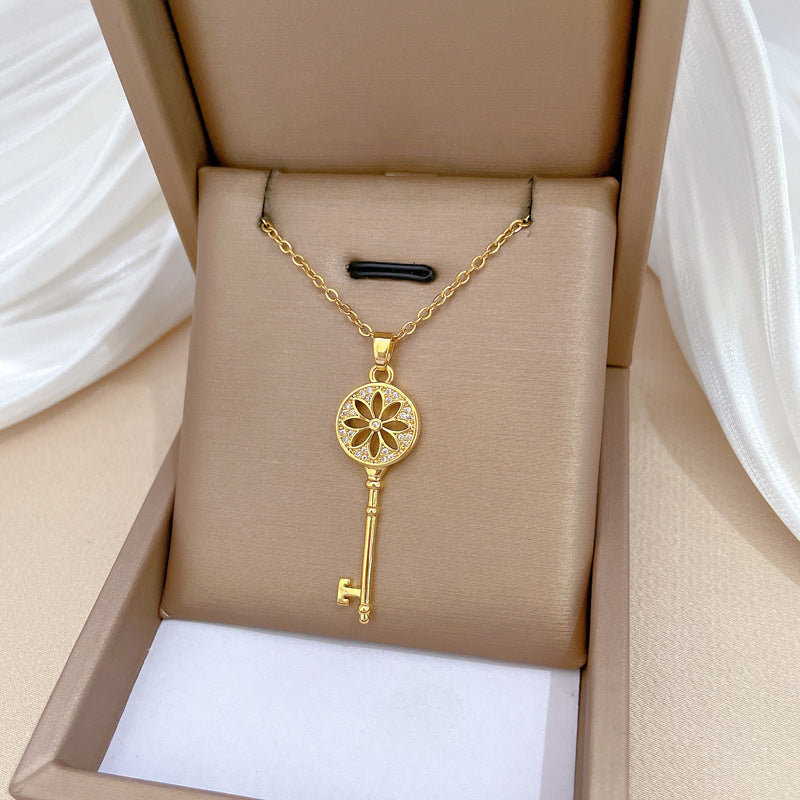 Collar con colgante de girasol, lujo, diamantes de imitación, geométrico, cadena de acero de titanio para mujeres y hombres