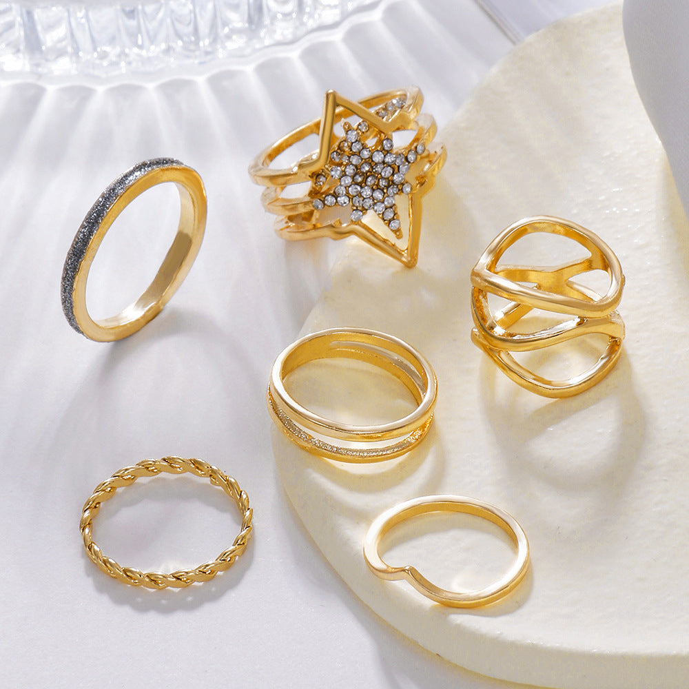 Vintage Geometric Round Rhinestone Inlay Plated Alloy Ring Set for Women