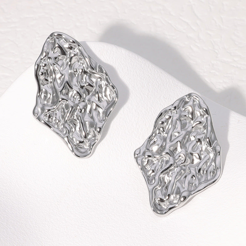 Fashionable French-Style Stainless Steel Stud Earrings with Irregular Pleated Design for Women