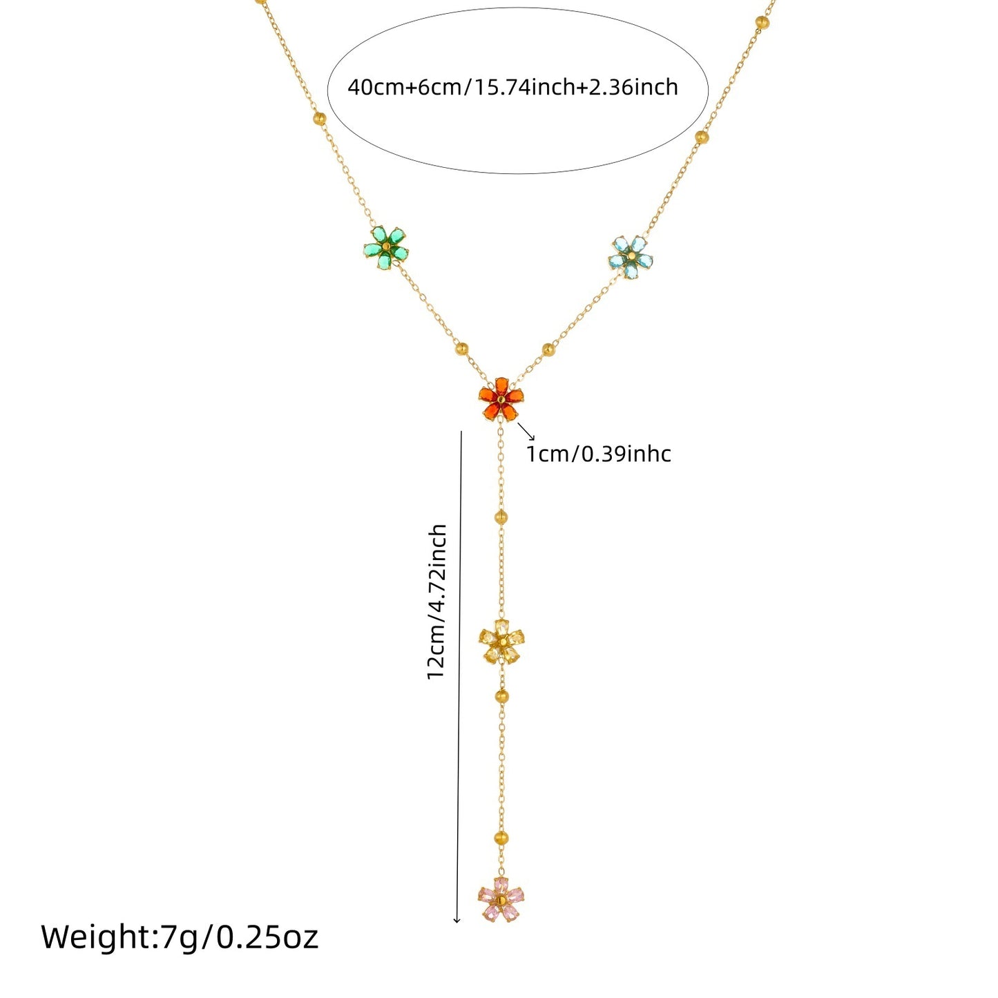 Colorful Rhinestone Floral Tassel Y-Shape Plated Stainless Steel Necklace for Women
