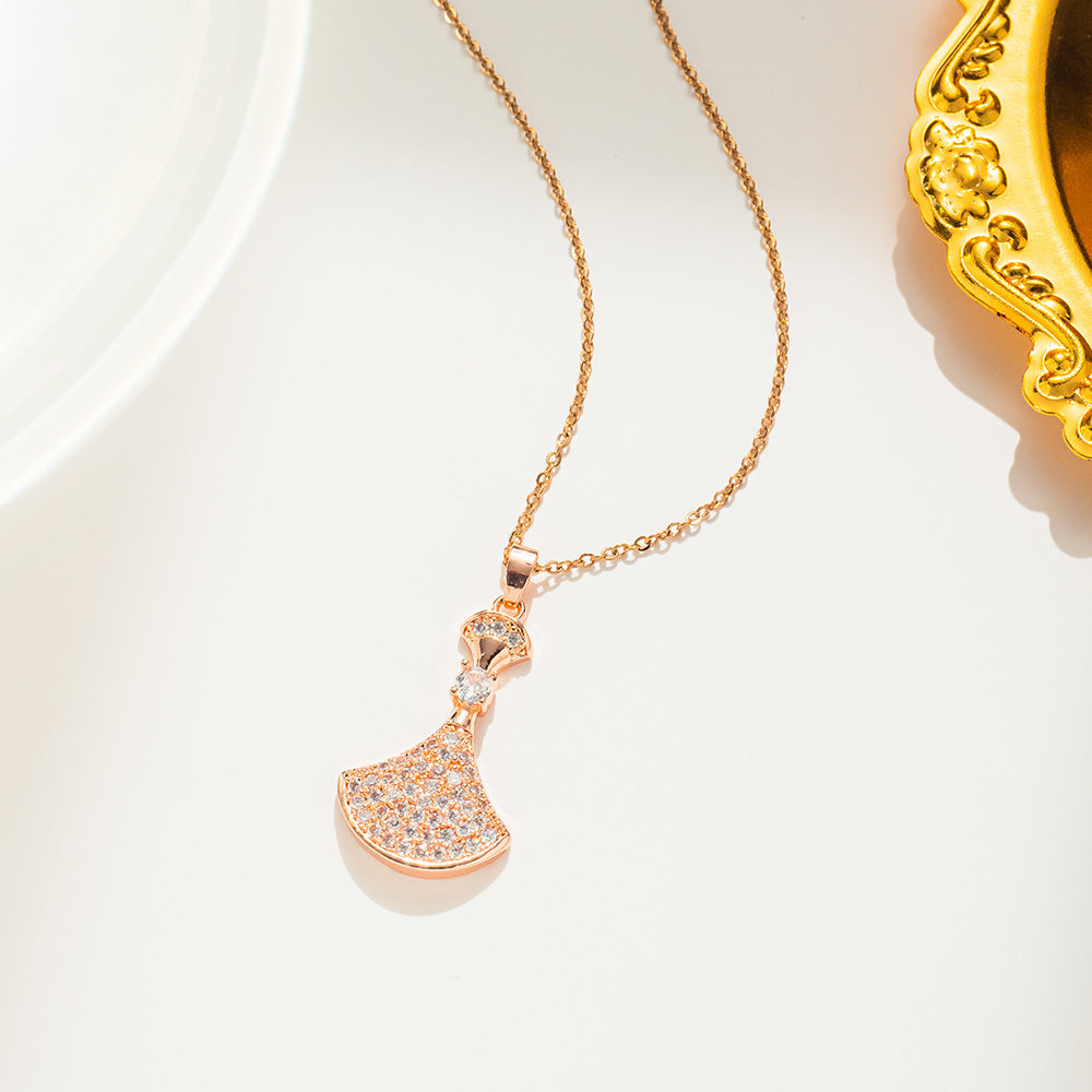 Luxury Rhinestone-Encrusted Titanium Steel Necklace for Women with Fan-Shaped Skirt Pendant and Polished Ball Chain