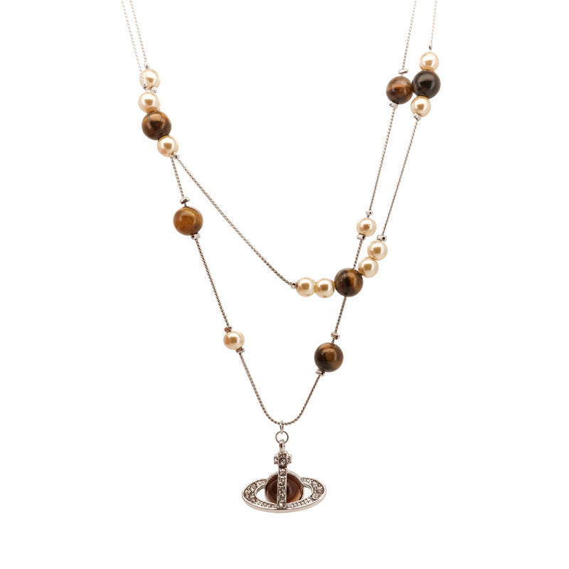 Collana con Ciondolo Saturno Retro Luxe con Perla Imitazione e Lega, Design a Stella, Finitura Galvanizzata, Delicata Catena per Clavicole da Donna